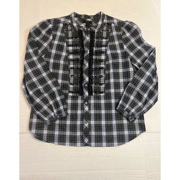 J. Crew Womens embellished beadwork button up, tartan plaid, long sleeve shirt. - Picture 2 of 12